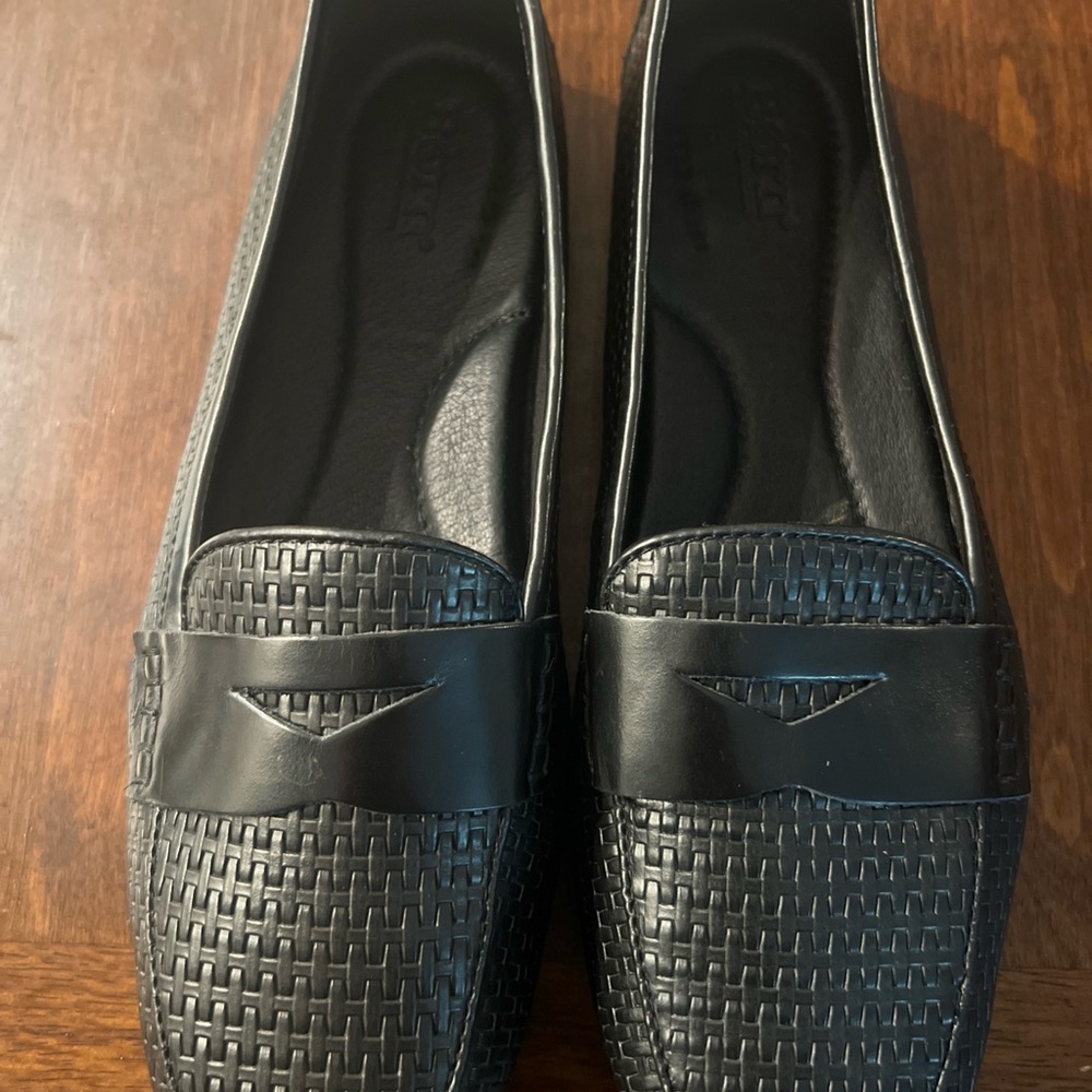 Born Black Leather Loafers with Woven Detail